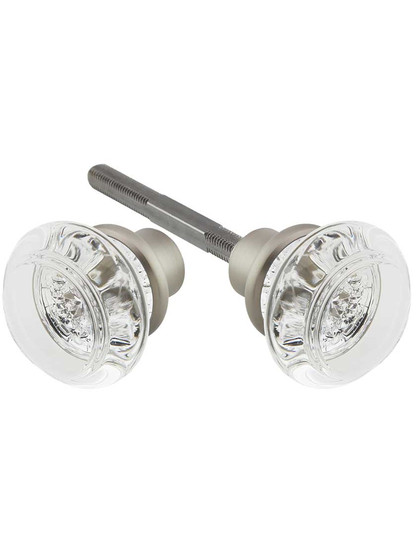 Pair of Lead Free Round Crystal Door Knobs with Brass Base in Satin Nickel.